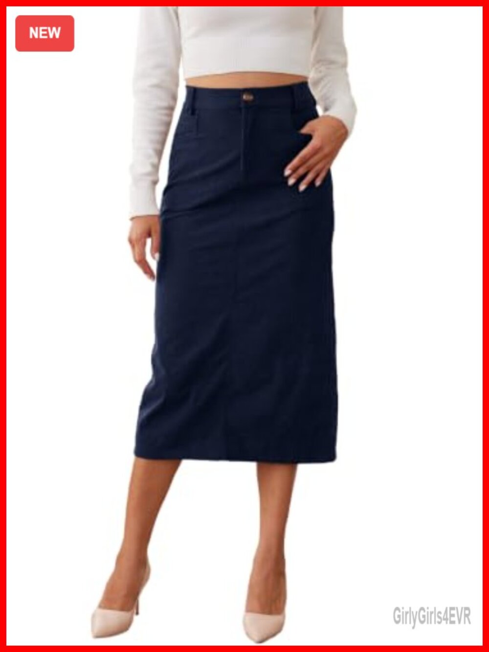 Women's Midi Corduroy Pencil Skirt High Waist Elastic Back Slit Pockets